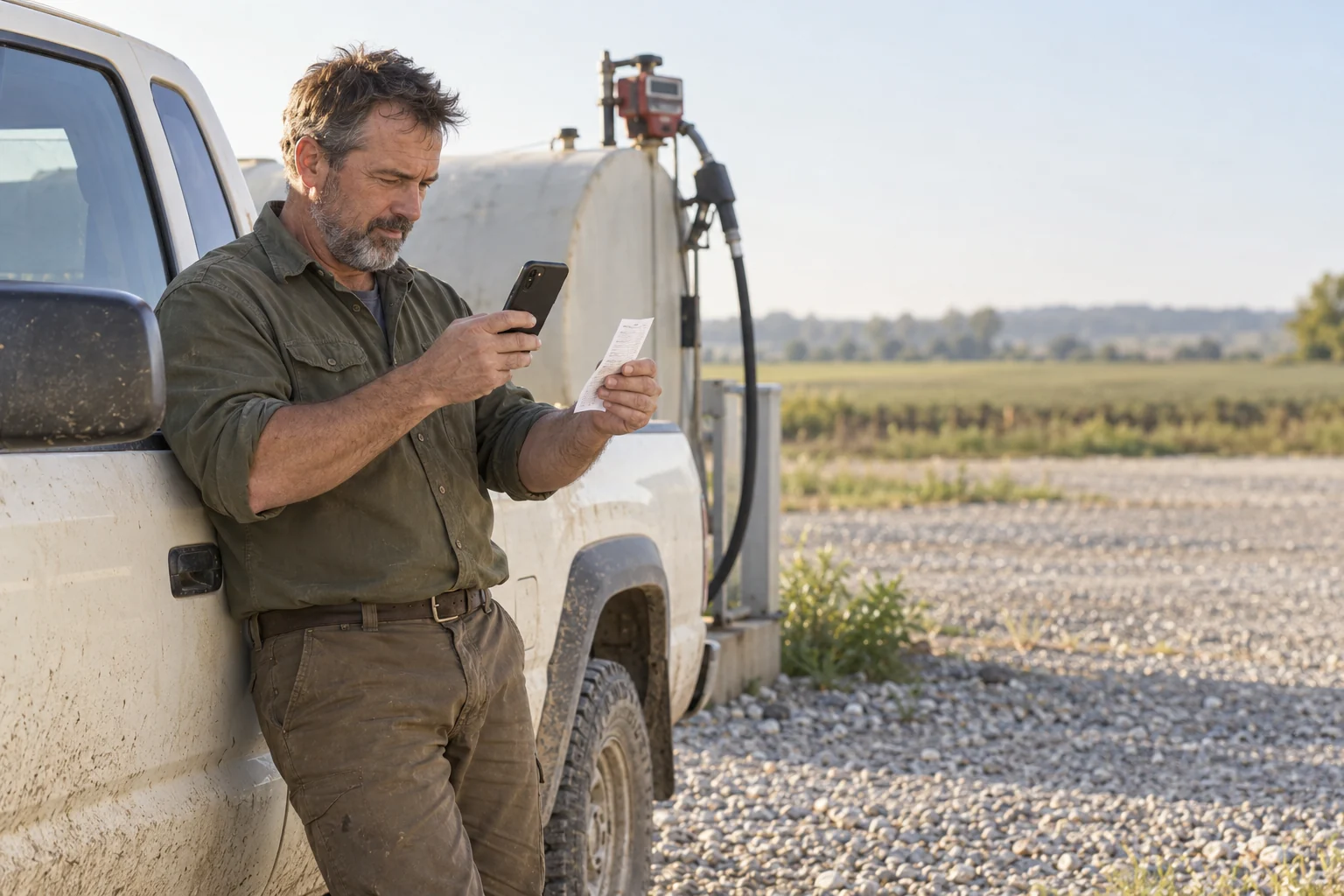 A farm worker photographs a fuel receipt beside a pickup in the farmyard.